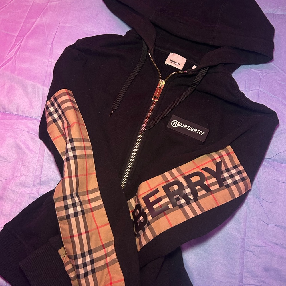 Burberry Black Hoodie with Plaid Accents
